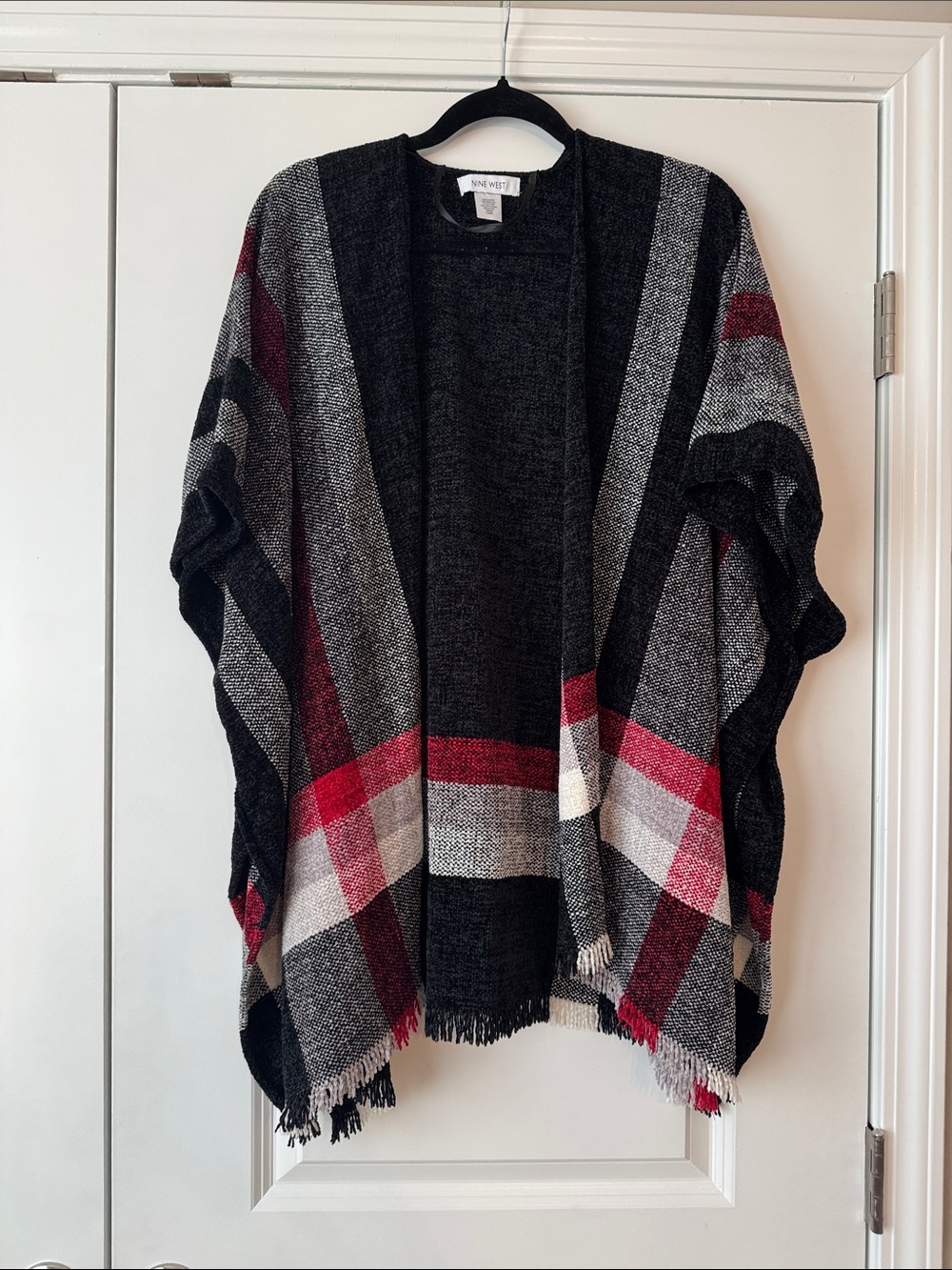 Nine West Black, Gray & Red Plaid Open-Front Poncho